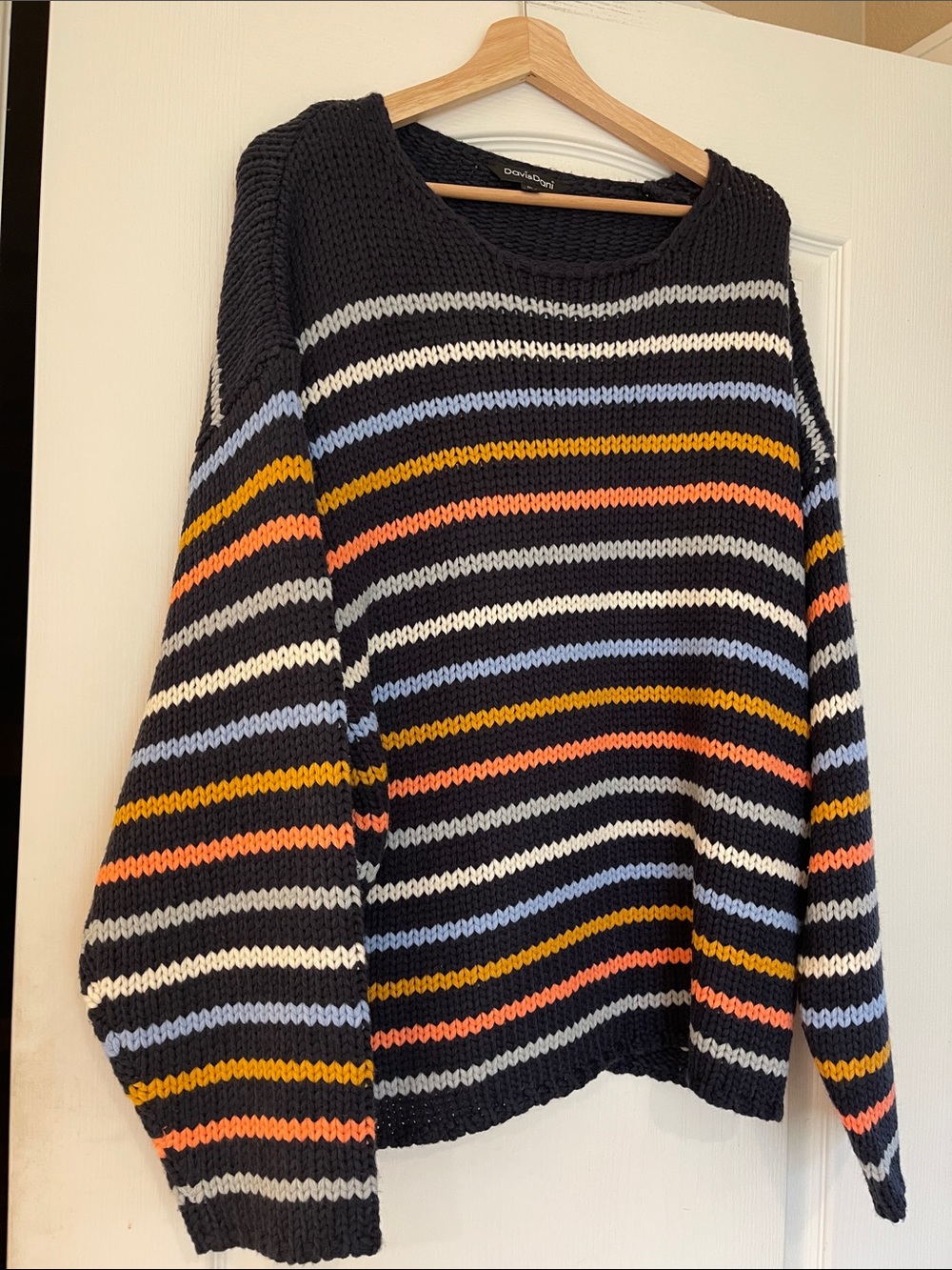 Striped Knit Crewneck Sweater in Navy with Multicolor Stripes